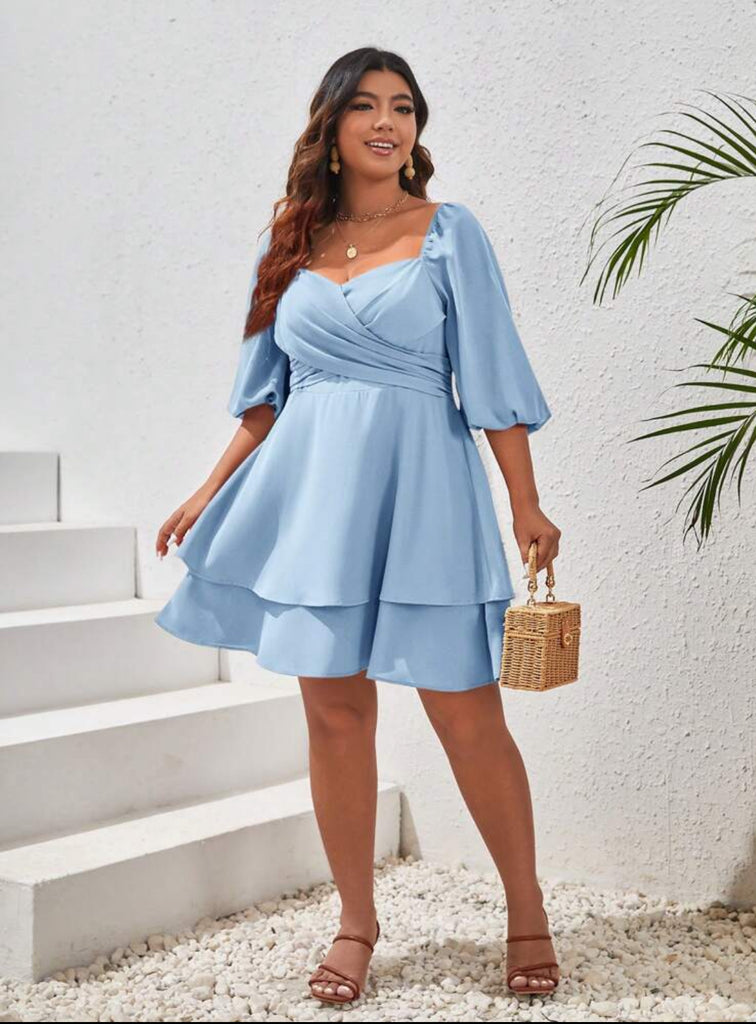 VCAY Plus Size Casual Solid Color Lantern Sleeve Dress,Beach Dress Sundress,Holiday Outfits Boho