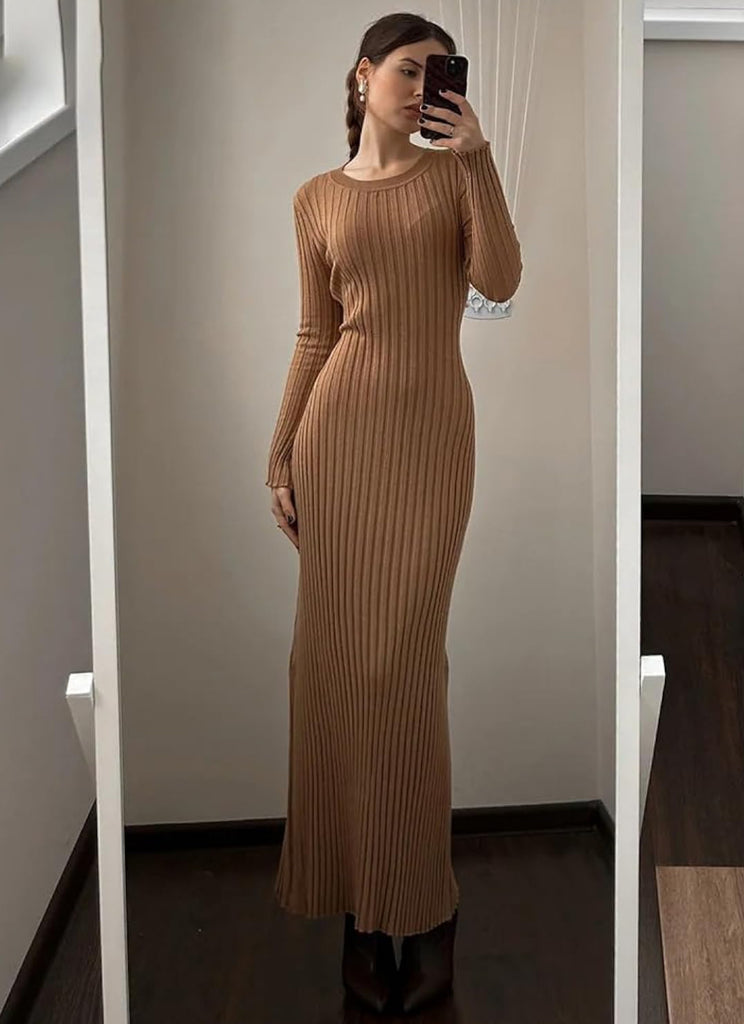 Tight Knit  Women Solid Neck Elegant Long Sleeve Dress
