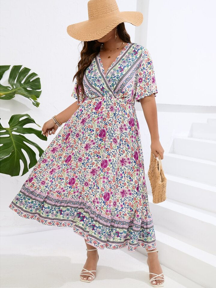 Boho Floral Print Butterfly Sleeve Ruffle Hem Dress, For Summer