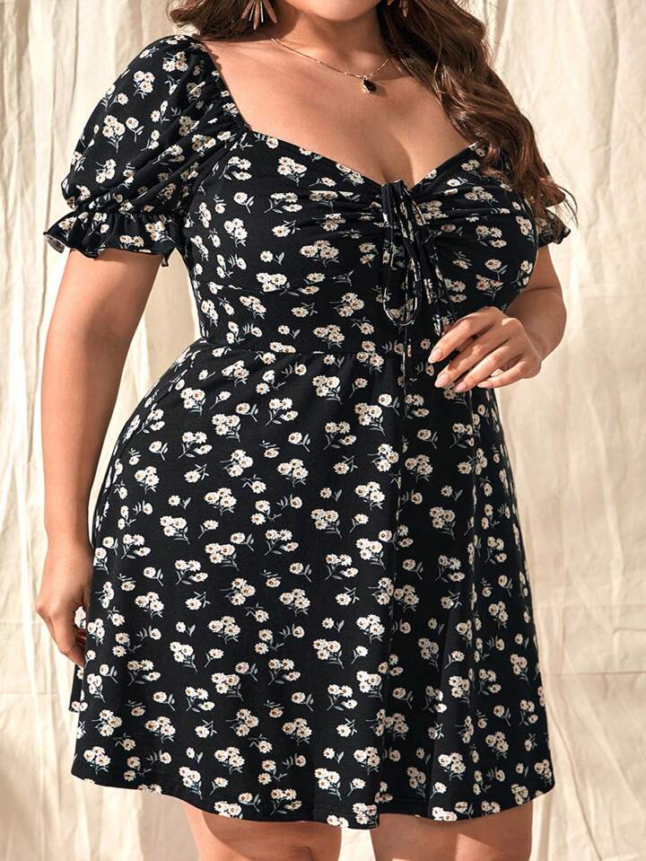 Plus Size Women's Floral Print Puff Sleeve Dress