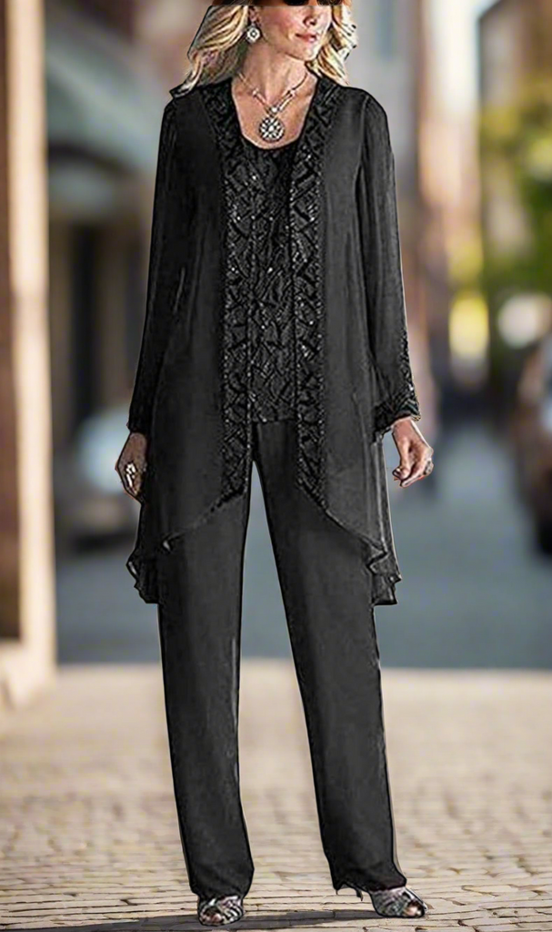 3 PC Chiffon Long Jacket Beaded Women Pant Suits