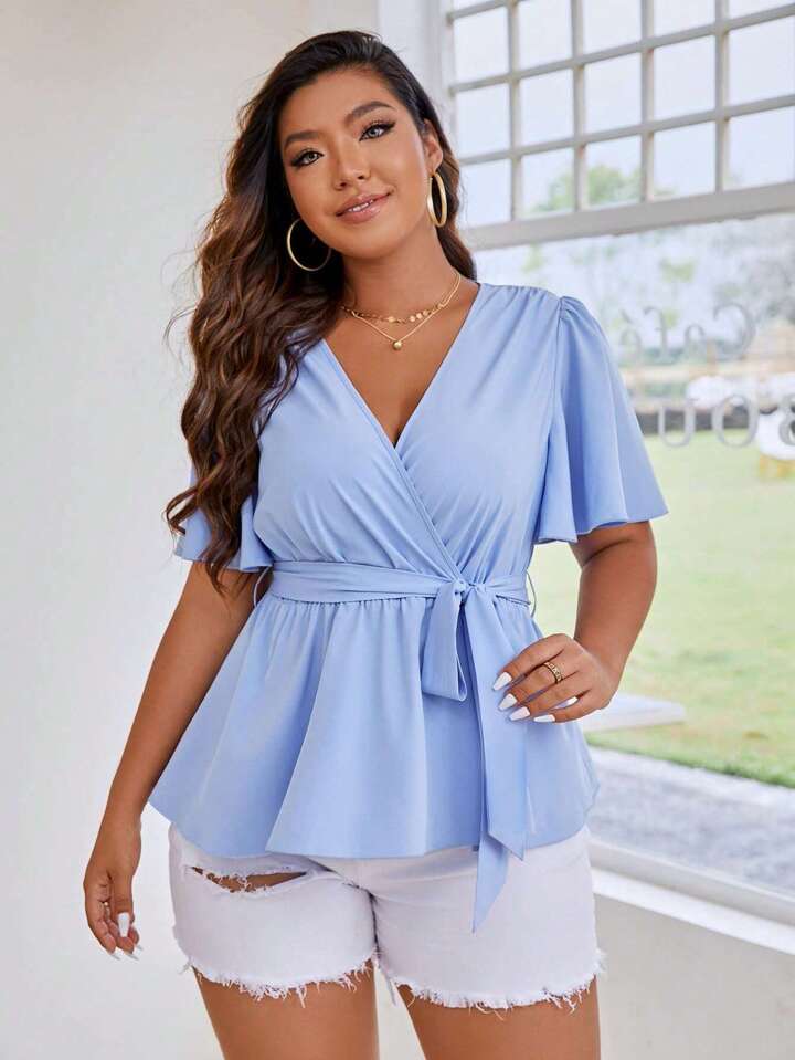 Plus Butterfly Sleeve Peplum Belted Blouse Peplum Top